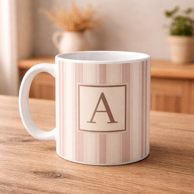 Initial Rustic Farmhouse Striped Beige & Taupe Coffee Mug (Creator Uploaded)