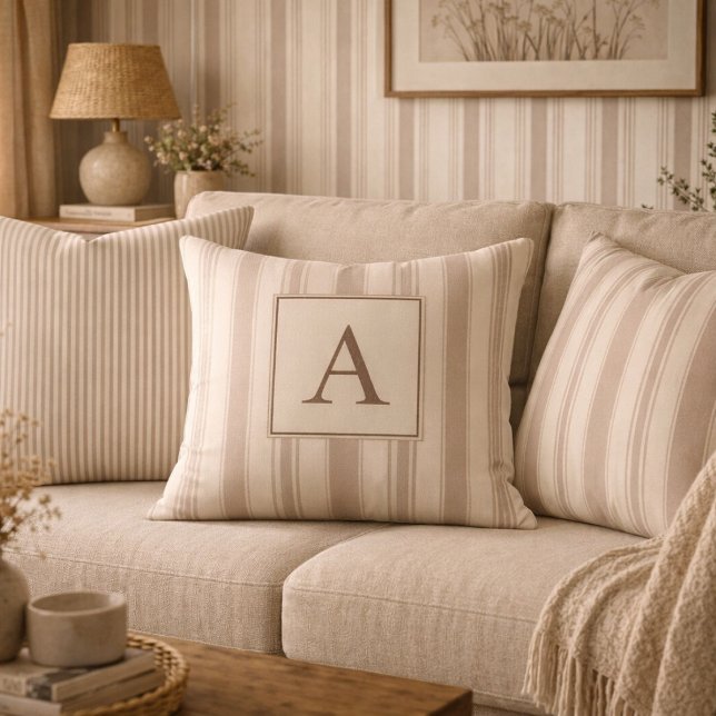 Initial Rustic Farmhouse Striped Beige & Taupe Cushion (Creator Uploaded)