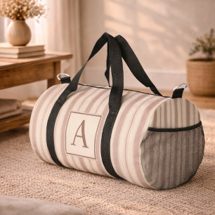 Initial Rustic Farmhouse Striped Beige & Taupe Duffle Bag
