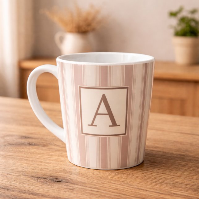 Initial Rustic Farmhouse Striped Beige & Taupe Latte Mug (Creator Uploaded)