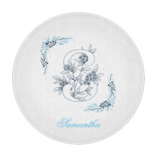 Initial "S" Blue Monogram Calm Floral Cutting Board