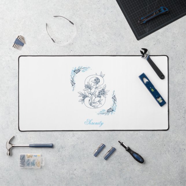 Initial "S" Blue Monogram Calm Floral Desk Mat (Workstation)