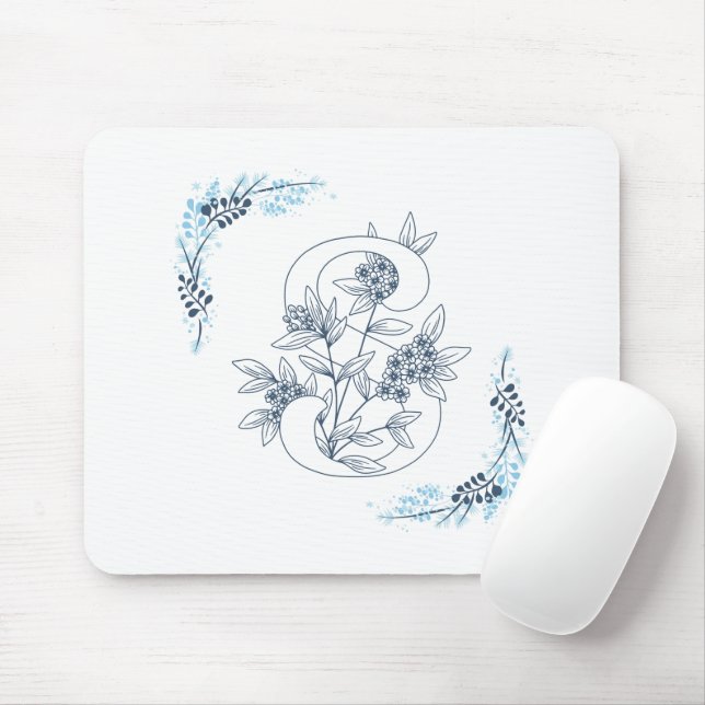 Initial "S" Blue Monogram Calm Floral Mouse Pad (With Mouse)