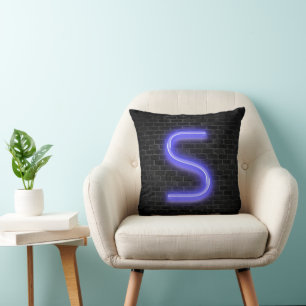 Initial S In Neon Marquee On Brick  Cushion