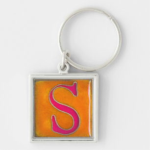 initial S keychain, cloisonne, orange and pink Key Ring
