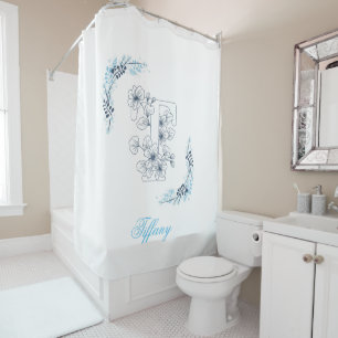 Initial "T" Blue Monogram Calm Floral Shower Curtain