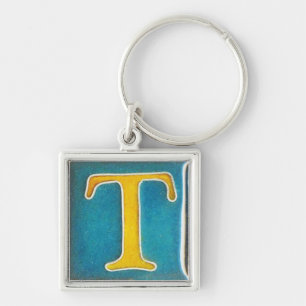 initial T keychain, cloisonne, yellow and aqua Key Ring