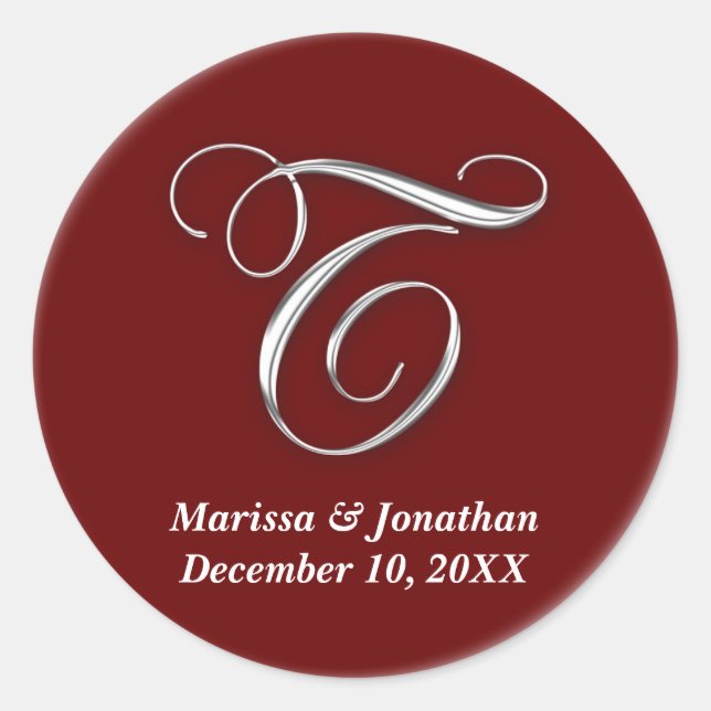 Initial T wine red monogram custom name favour sea Classic Round Sticker (Front)
