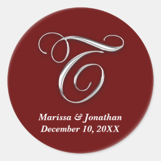 Initial T wine red monogram custom name favour sea Classic Round Sticker