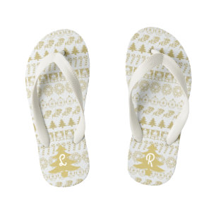Initial - Teal/White Christmas Fun Font Pattern Kid's Jandals