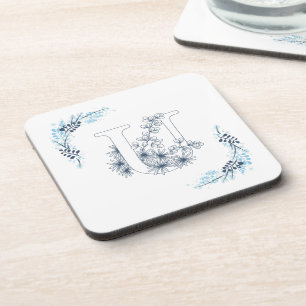 Initial "U" Blue Monogram Calm Floral Coaster