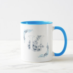 Initial "U" Blue Monogram Calm Floral Coffee Mug