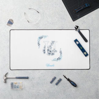Initial "U" Blue Monogram Calm Floral Desk Mat