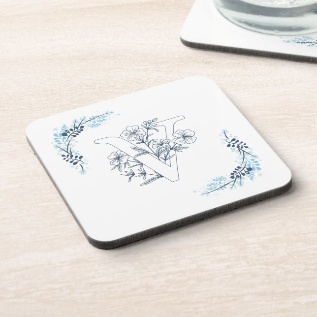 Initial "V" Blue Monogram Calm Floral Coaster (Left Side)