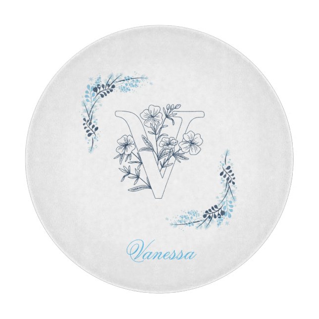 Initial "V" Blue Monogram Calm Floral Cutting Board (Front)