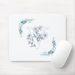 Initial "V" Blue Monogram Calm Floral Mouse Pad