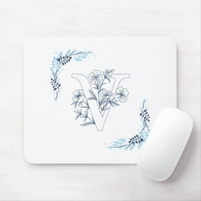 Initial "V" Blue Monogram Calm Floral Mouse Pad (With Mouse)