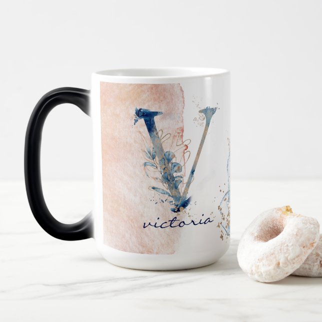 Initial V Modern Elegant Ocean Gold Watercolor Magic Mug (With Donut)