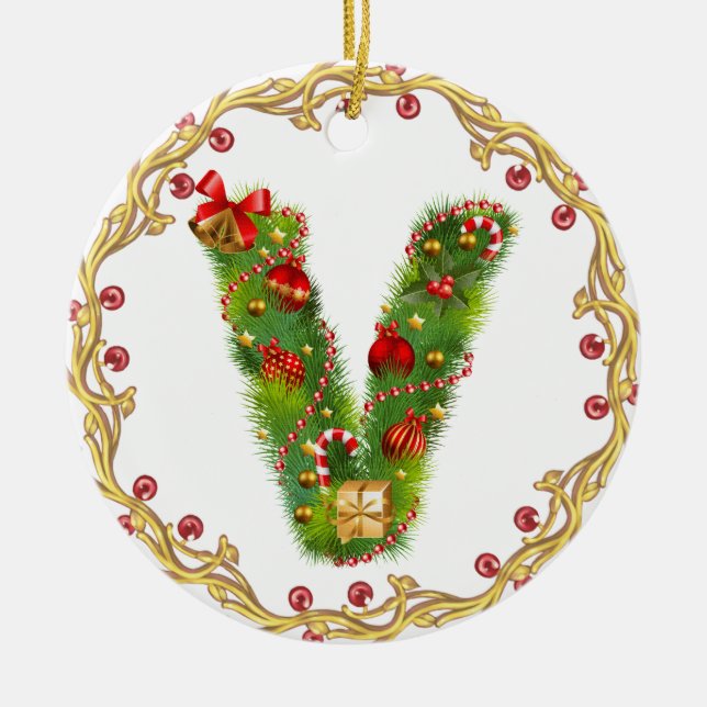 initial V monogrammed christmas ornament - circle (Front)
