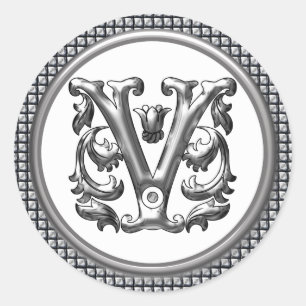 Initial V Round Sticker in Silver