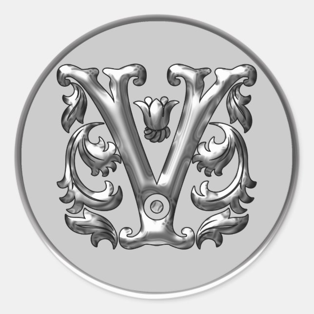 Initial V Round Sticker in silver (Front)