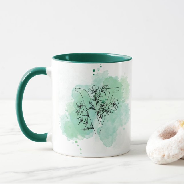 Initial V Watercolor Monogram Green Botanical  Mug (With Donut)