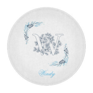Initial "W" Blue Monogram Calm Floral Cutting Board