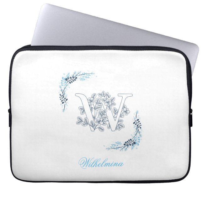 Initial "W" Blue Monogram Calm Floral Laptop Sleeve (Front)