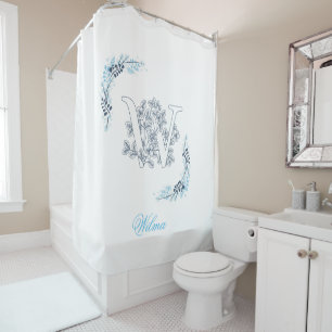 Initial "W" Blue Monogram Calm Floral Shower Curtain