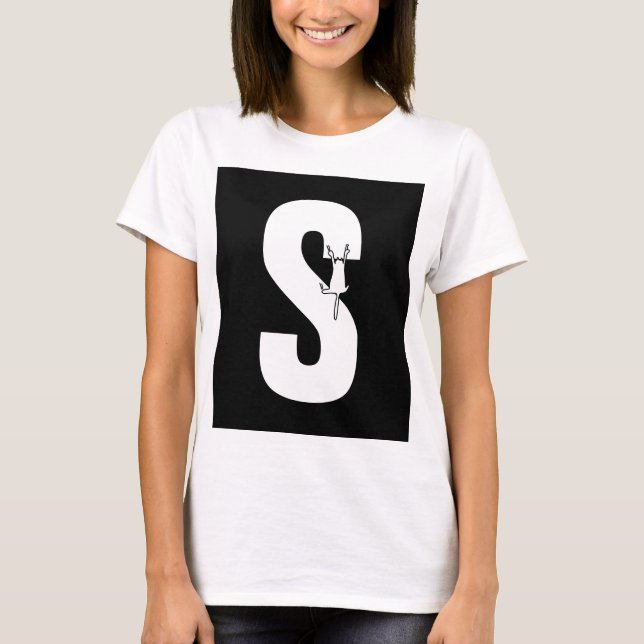 Initial w/ hanging cat doodle funny T-Shirt (Front)