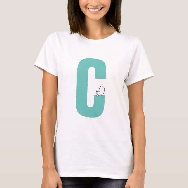 Initial w/ stretching cat doodle funny T-Shirt (Front)