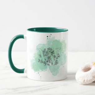 Initial W Watercolor Monogram Green Botanical Mug