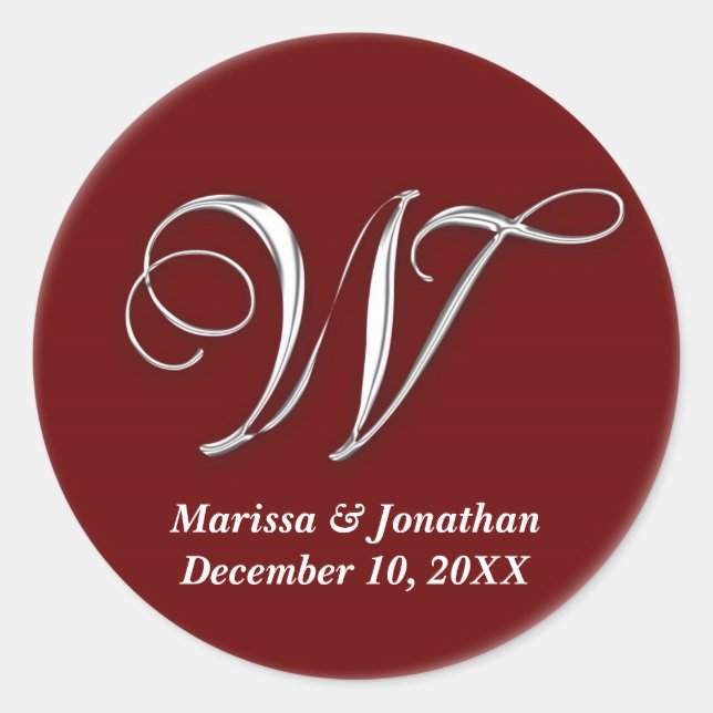 Initial W wine red monogram custom name favour sea Classic Round Sticker (Front)