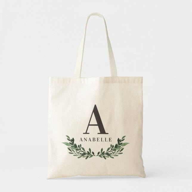 Initial watercolor foliage wreath tote (Front)
