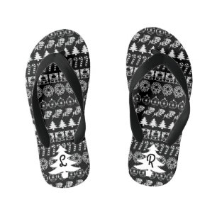 Initial - White/Black Christmas Fun Font Pattern Kid's Jandals