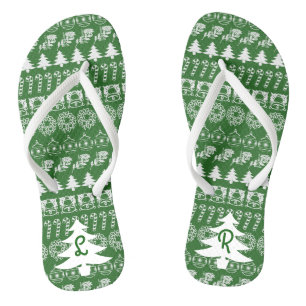 Initial - White/Green Christmas Fun Font Pattern Jandals