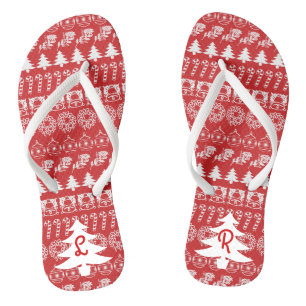 Initial - White/Red Christmas Fun Font Pattern Jandals