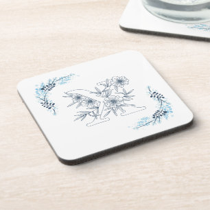 Initial "X" Blue Monogram Calm Floral Coaster