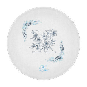 Initial "X" Blue Monogram Calm Floral Cutting Board
