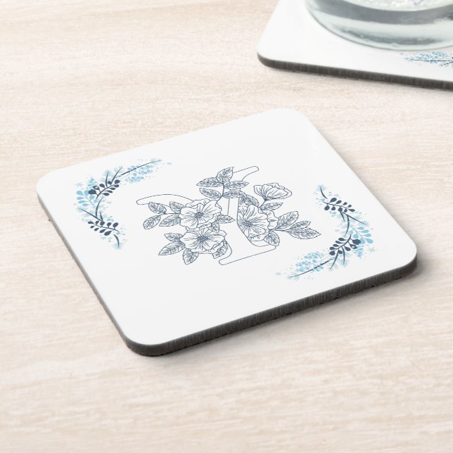 Initial "Y" Blue Monogram Calm Floral Coaster (Left Side)