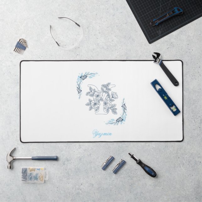 Initial "Y" Blue Monogram Calm Floral Desk Mat (Workstation)