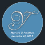 Initial Y blue monogram custom name favour seal<br><div class="desc">These versatile sticker seals are great for letters and packages. Script monogram letter is set in faux silver foil texture. Use these rich jewel tone seals to personalise any cards and envelopes. Dress up holiday packages, wedding favours, bridal shower gift bags, or baby shower favours. Apply them on gift bags,...</div>