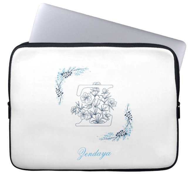 Initial "Z" Blue Monogram Calm Floral Laptop Sleeve (Front)