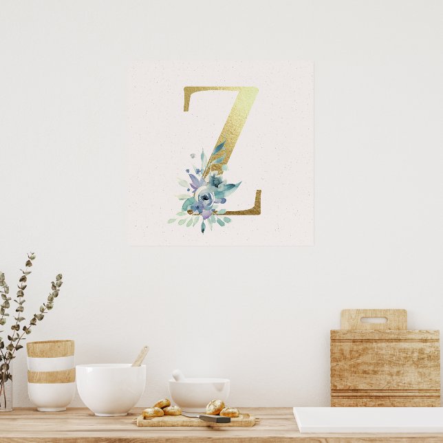 Initial Z Golden and Blue Floral Monogram Poster (Kitchen)