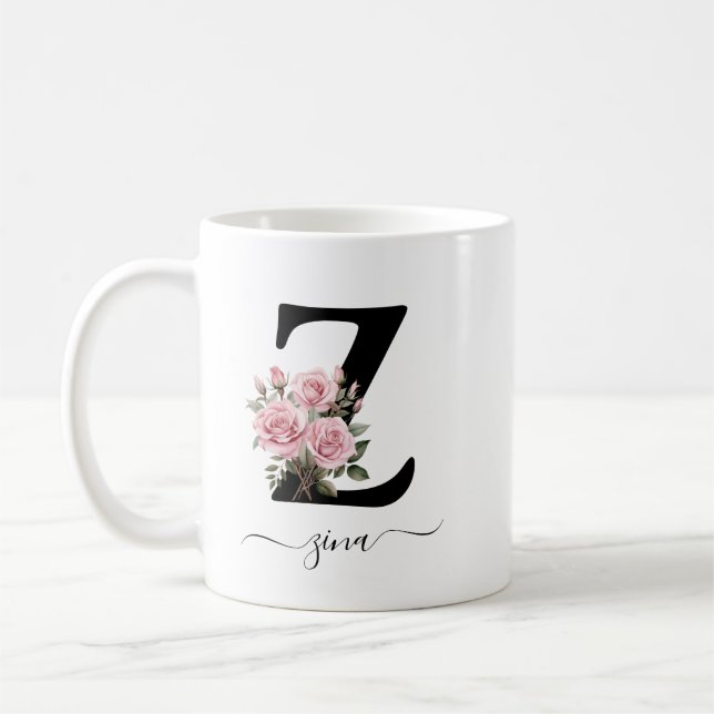 Initial Z Monogram Floral Flower Pink Roses Mug (Left)