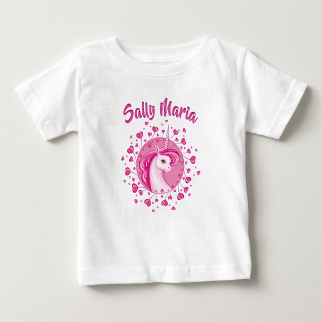 Initialised Pink Unicorn And Hearts Baby T-Shirt (Front)