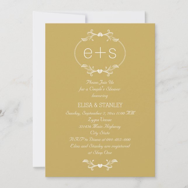 Initials and frame gold wedding couple's shower invitation (Front)
