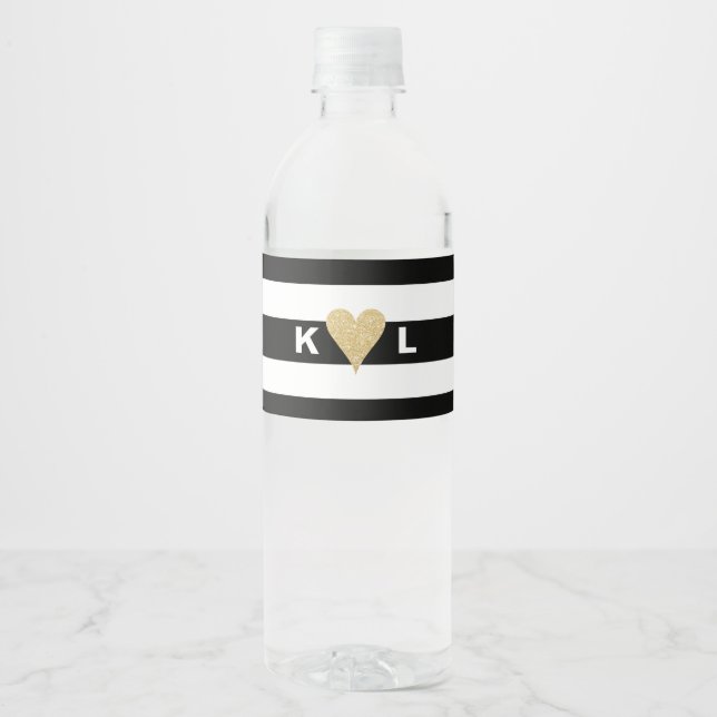 Initials and Gold Heart on Black Stripes Wedding Water Bottle Label (Front)