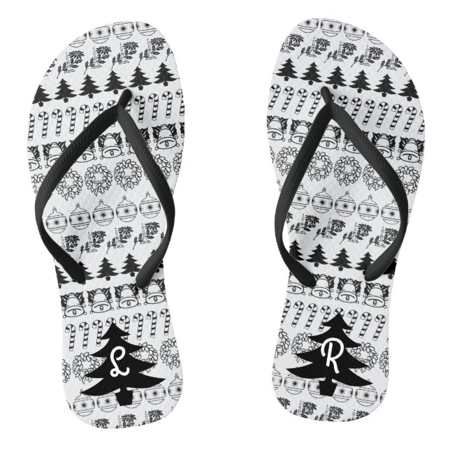 Initials | Black & White Iconic Christmas Pattern Jandals (Footbed)