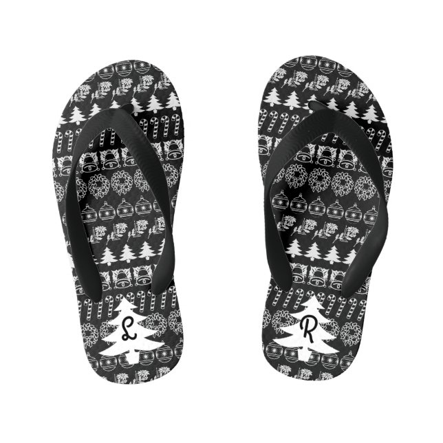 Initials | Black & White Iconic Christmas Pattern Kid's Jandals (Footbed)